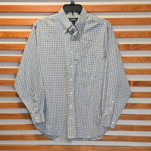 Brooks Brothers Country Club Shirt Men's Large Blue Yellow Plaid Egyptian Cotton - Picture 3 of 4